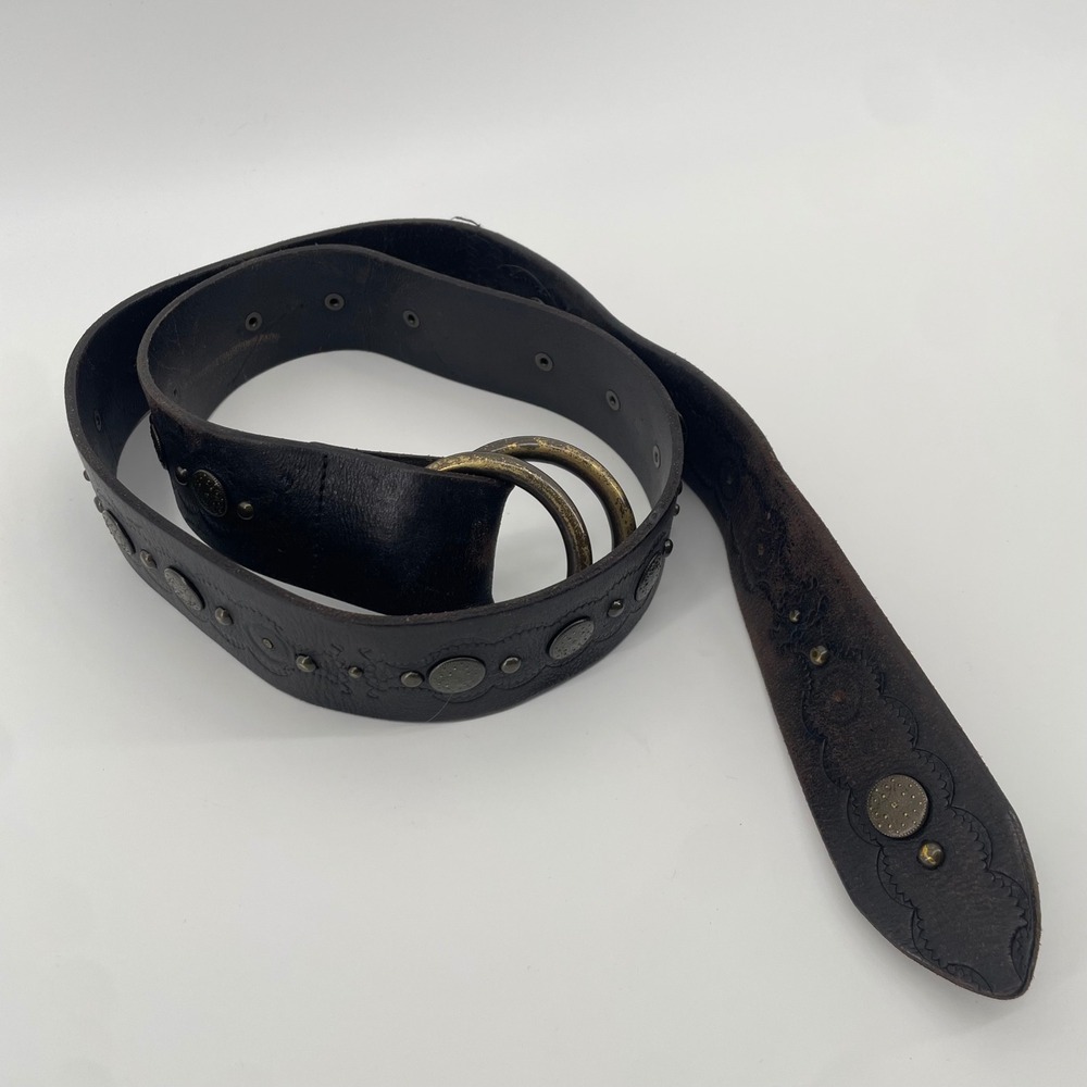 Lucky Brand Belt Mens 38 Brown Studded Italian Leather Western Double O-Ring